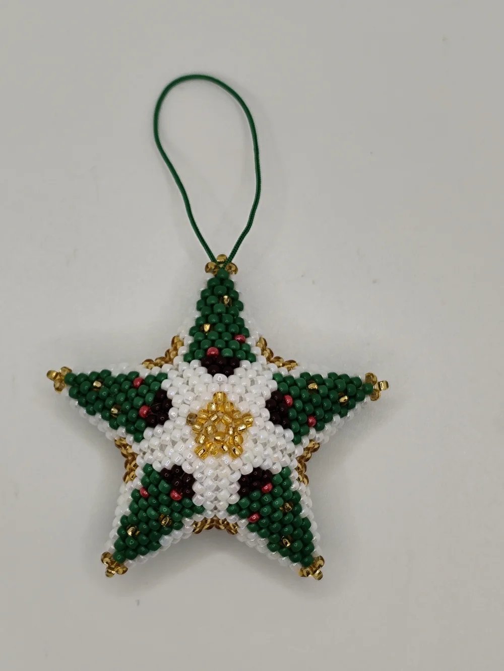 Handmade Beaded Green and White Star Holiday Ornament